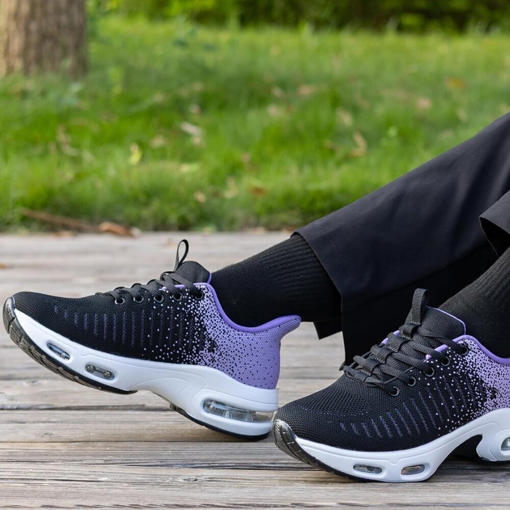 Women Black Purple Running Shoes Tennis Sneakers with Arch Support for Workout - Picture 6 of 6